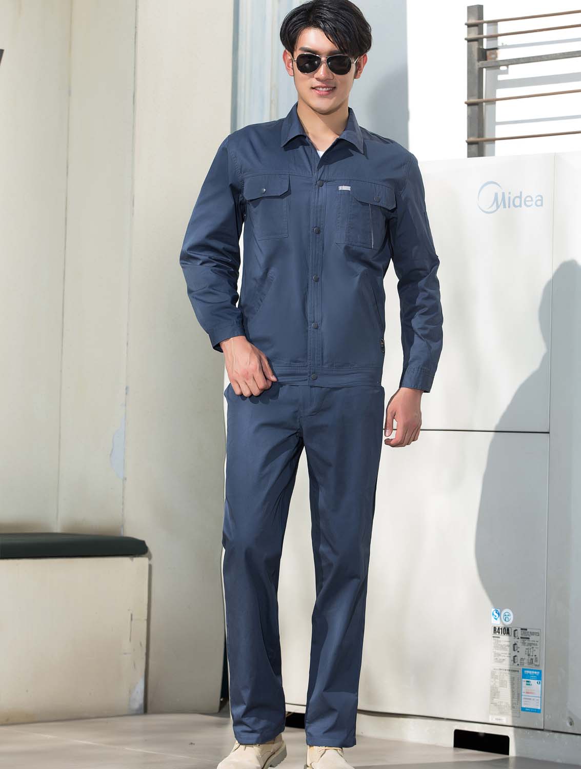 夏季藍色純棉長袖工作服套裝-SYX204#