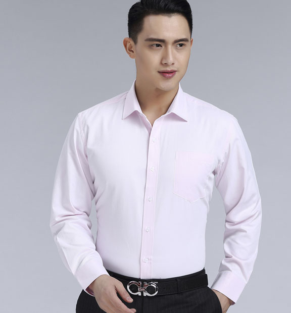 粉色斜紋男款滌棉翻領(lǐng)長(zhǎng)袖修身襯衫-1382#