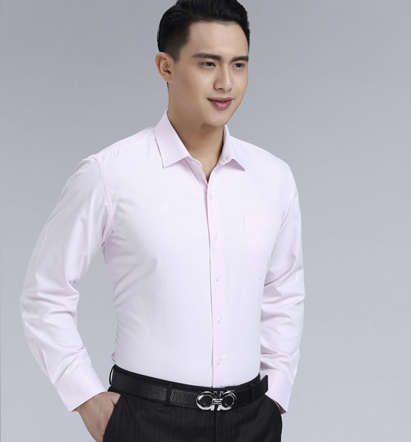 粉色斜紋男款滌棉翻領(lǐng)長(zhǎng)袖修身襯衫-1382#