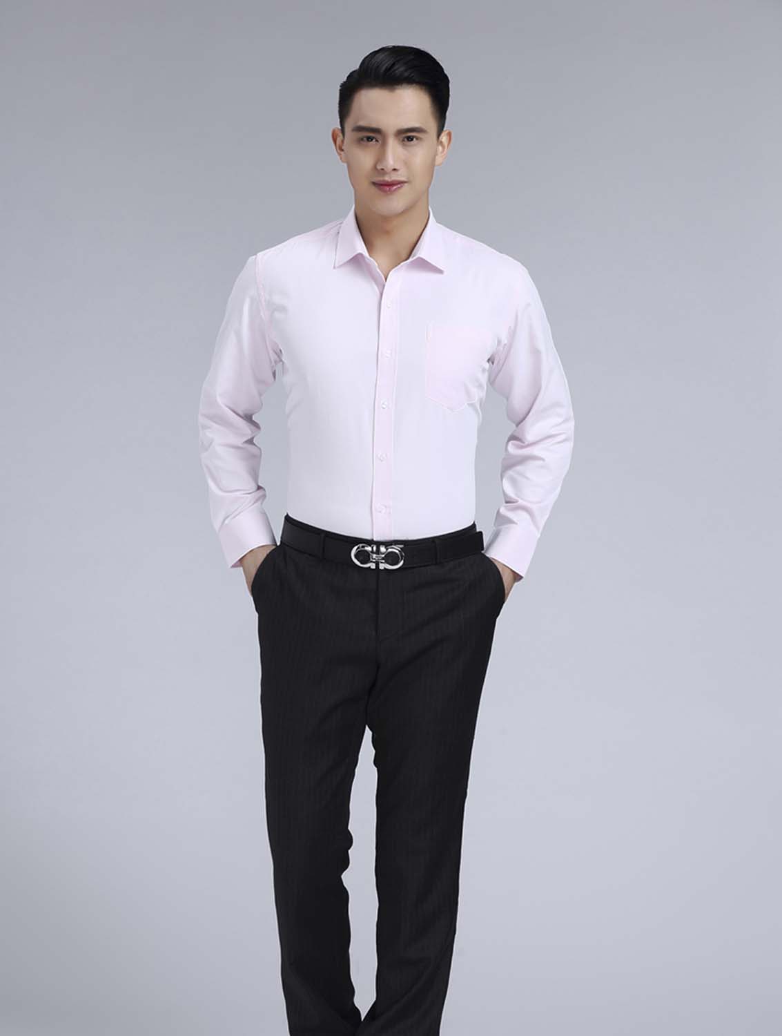 粉色斜紋男款滌棉翻領(lǐng)長(zhǎng)袖修身襯衫-1382#