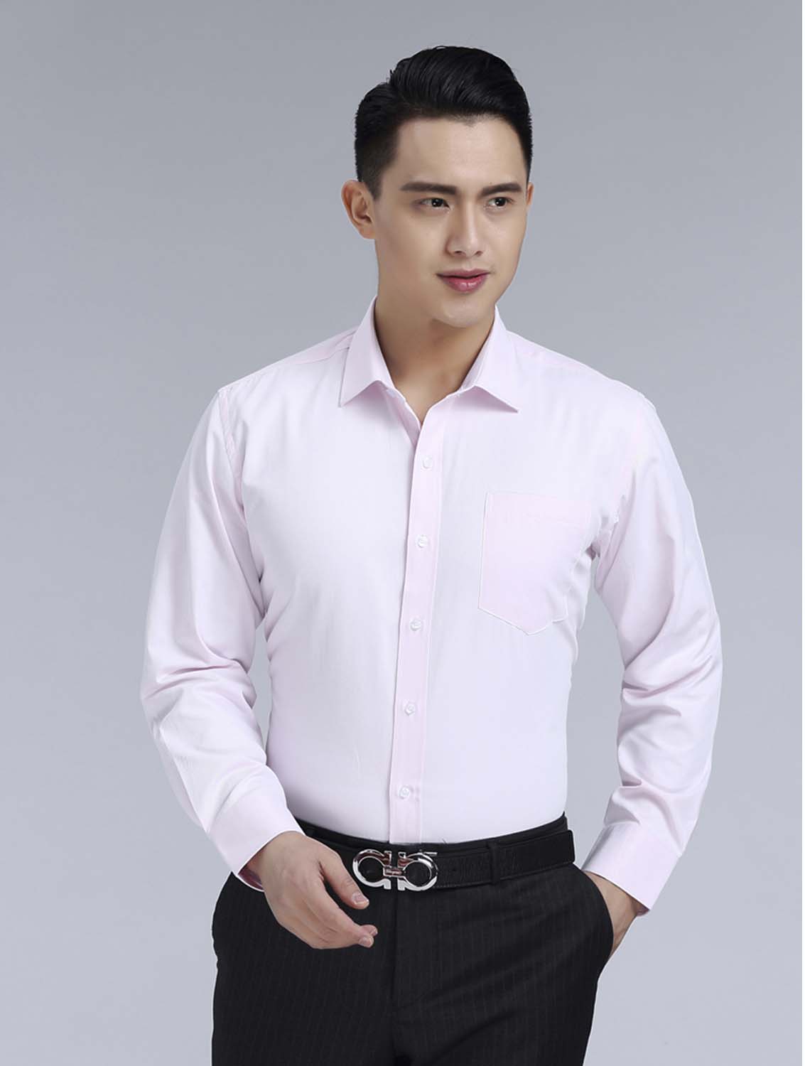 粉色斜紋男款滌棉翻領(lǐng)長(zhǎng)袖修身襯衫-1382#
