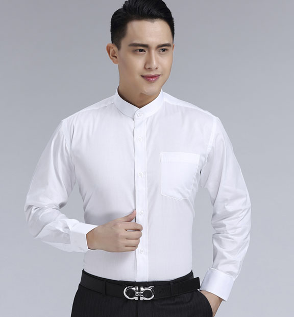 白色男款滌棉立領(lǐng)長(zhǎng)袖修身襯衫-BL0071#