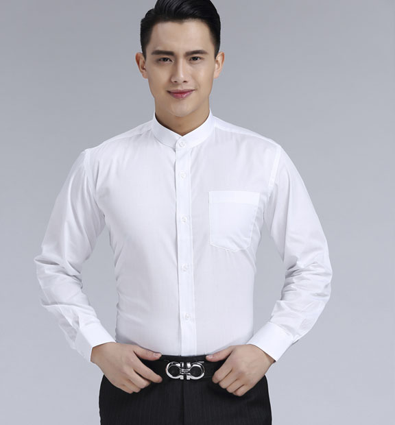 白色男款滌棉立領(lǐng)長(zhǎng)袖修身襯衫-BL0071#
