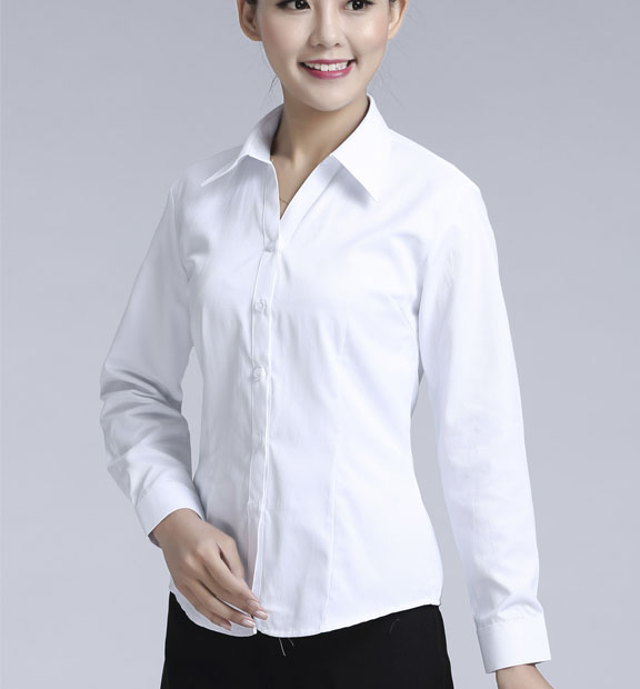 白色斜紋女款滌棉翻領長袖修身襯衫-1381#