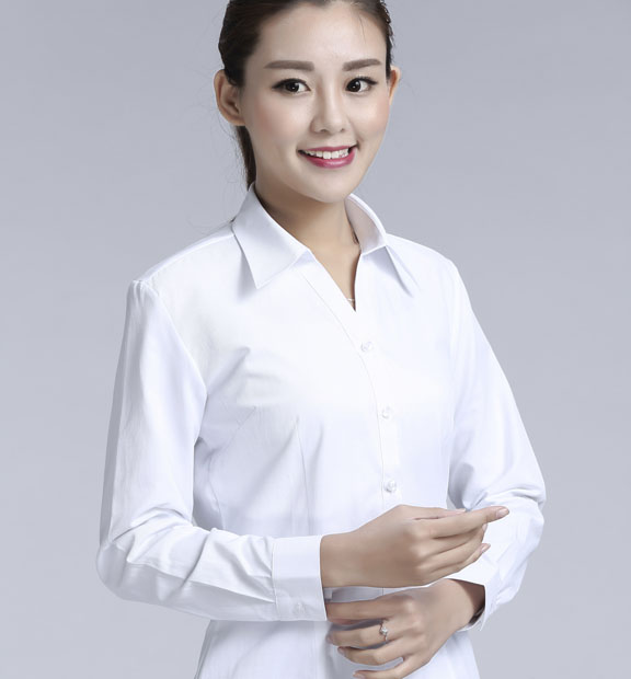 白色斜紋女款滌棉翻領長袖修身襯衫-1381#
