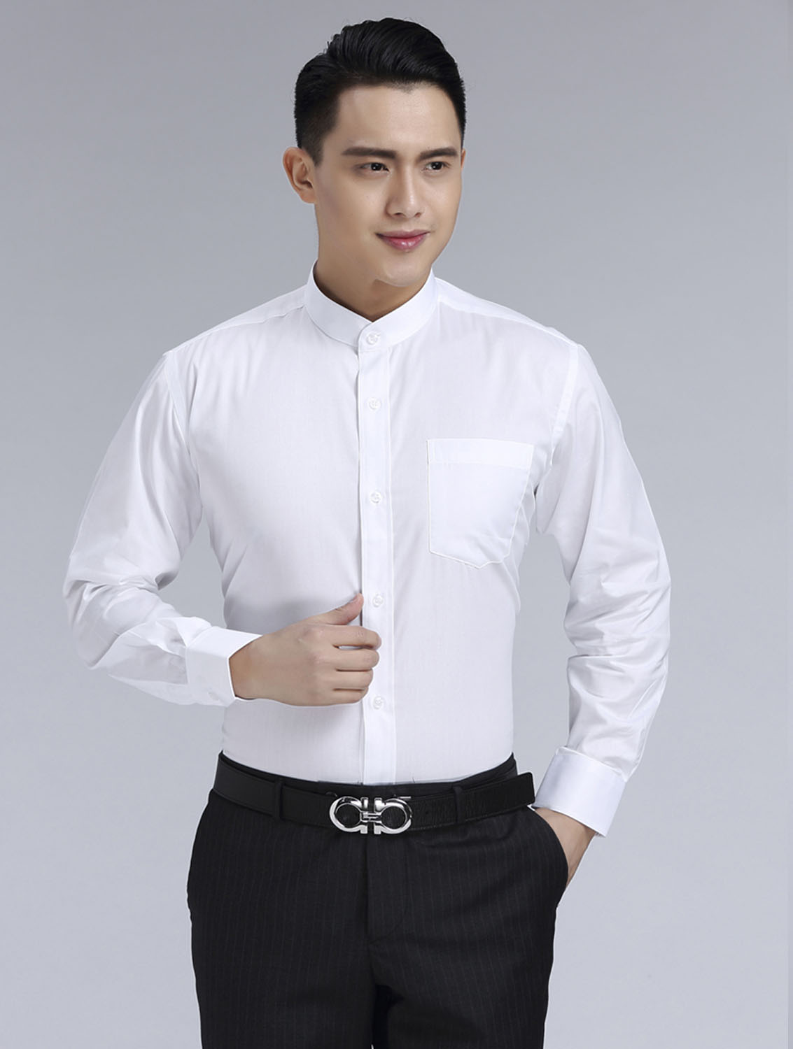 白色男款滌棉立領(lǐng)長(zhǎng)袖修身襯衫-BL0071#