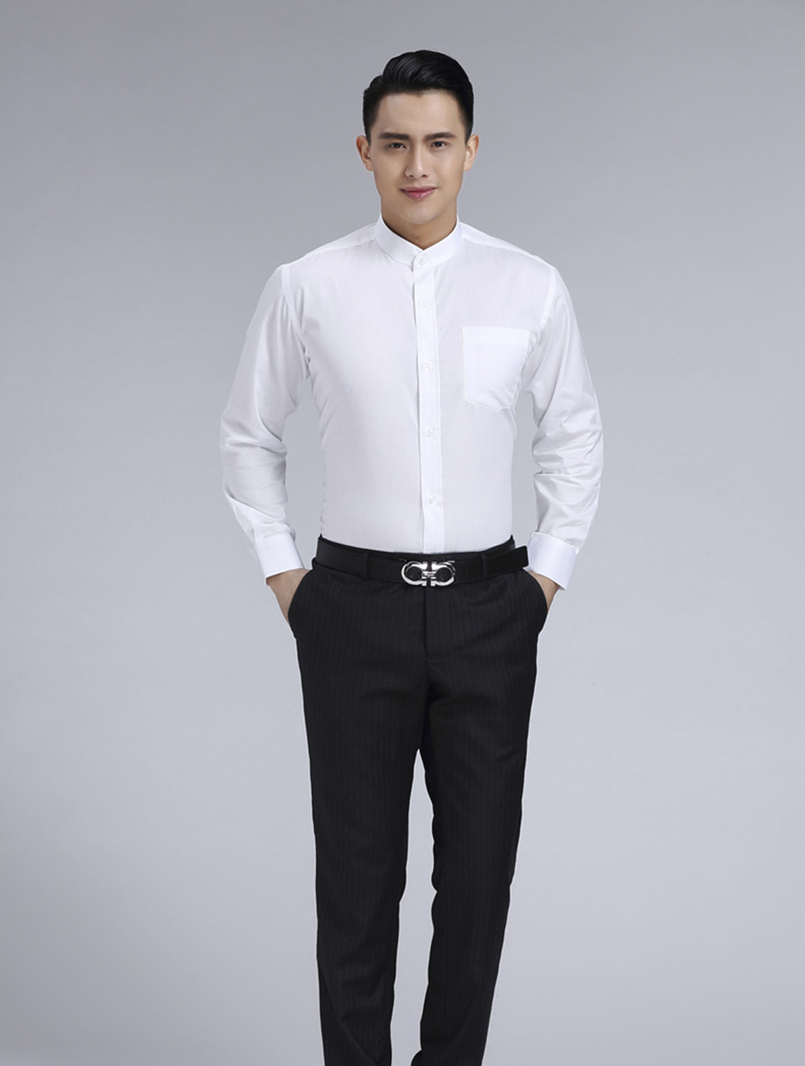 白色男款滌棉立領(lǐng)長(zhǎng)袖修身襯衫-BL0071#