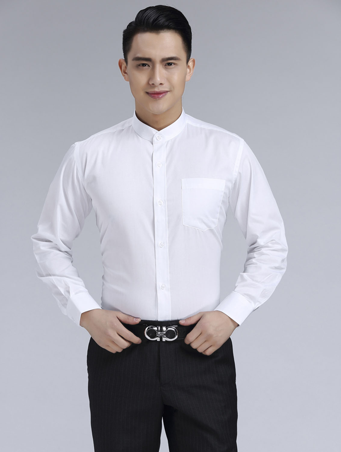 白色男款滌棉立領(lǐng)長(zhǎng)袖修身襯衫-BL0071#