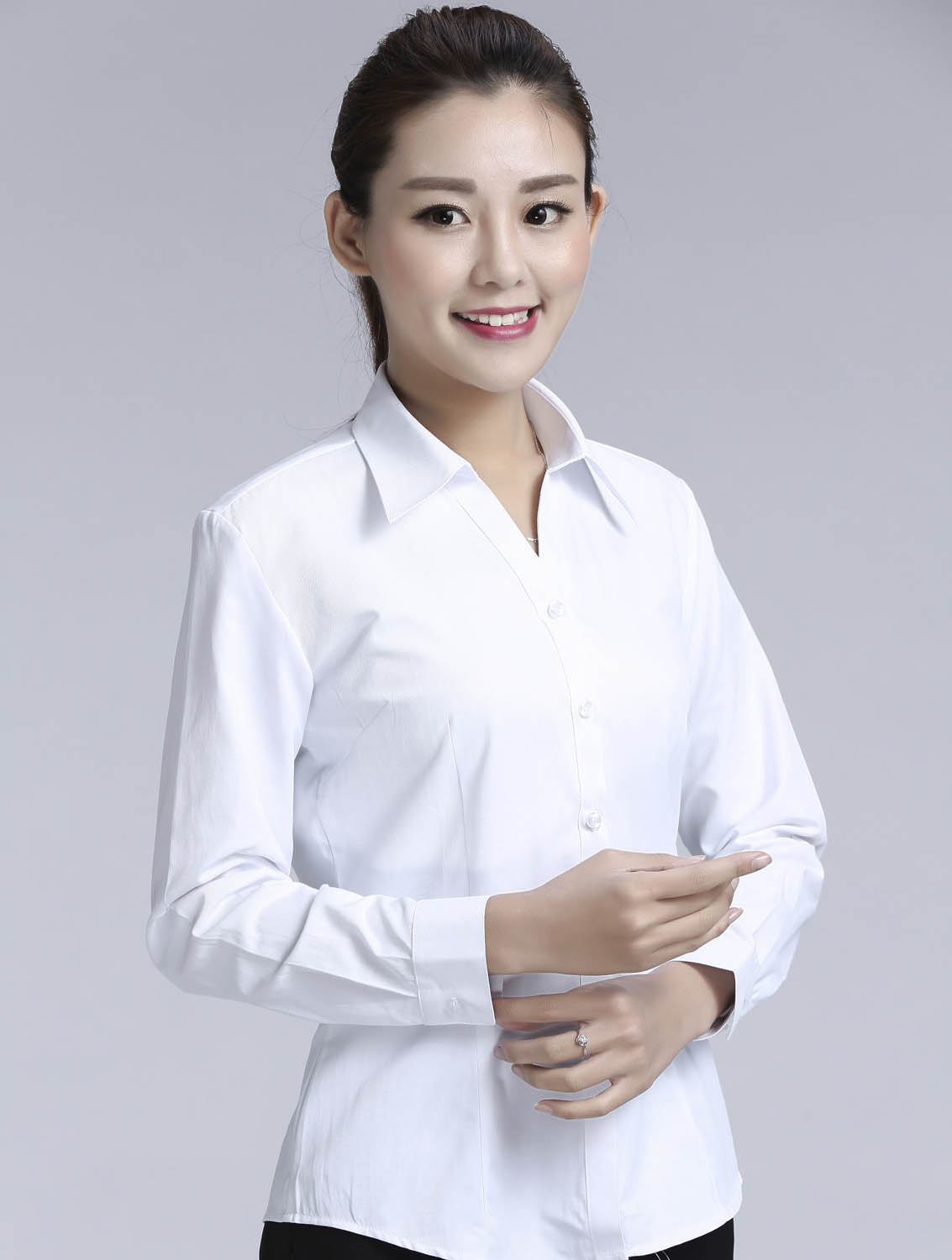 白色斜紋女款滌棉翻領長袖修身襯衫-1381#