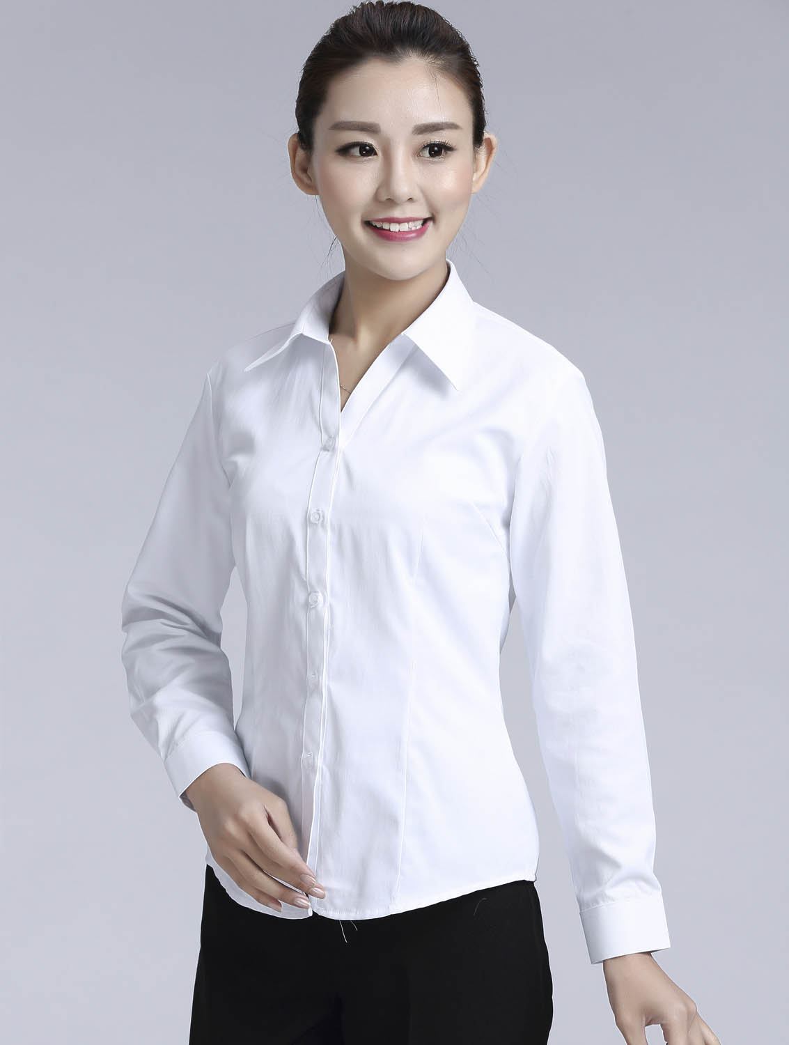白色斜紋女款滌棉翻領長袖修身襯衫-1381#