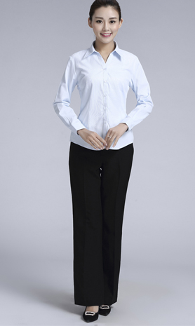 淺藍(lán)色斜紋女款滌棉翻領(lǐng)長(zhǎng)袖修身襯衫-1383#