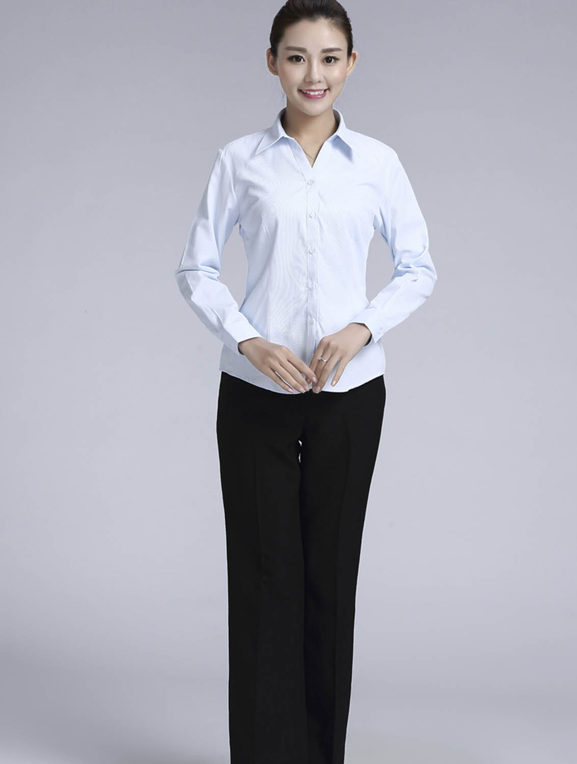 淺藍(lán)色斜紋女款滌棉翻領(lǐng)長(zhǎng)袖修身襯衫-1383#