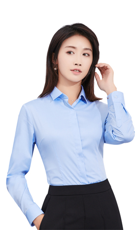 藍(lán)色女款竹纖維抗皺翻領(lǐng)長(zhǎng)袖修身襯衫-611#