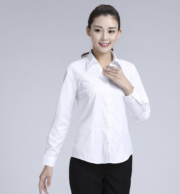 白色暗條紋女款滌棉翻領(lǐng)長袖修身襯衫-612#