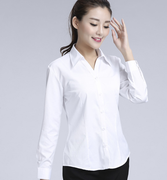 白色暗條紋女款滌棉翻領(lǐng)長袖修身襯衫-612#