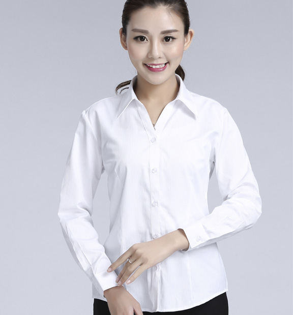 白色暗條紋女款滌棉翻領(lǐng)長袖修身襯衫-612#