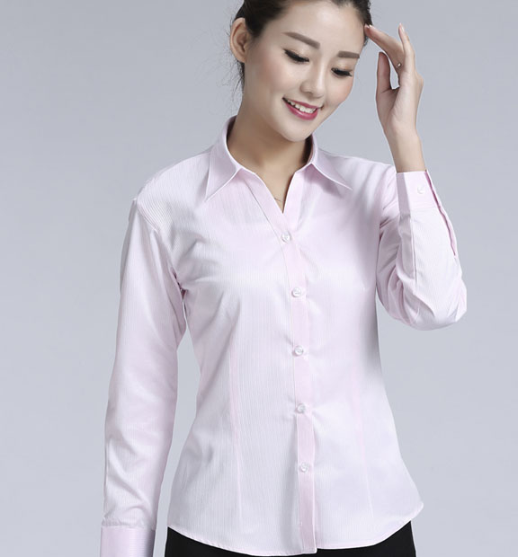 粉色暗條紋女款滌棉翻領(lǐng)長袖修身襯衫-613#