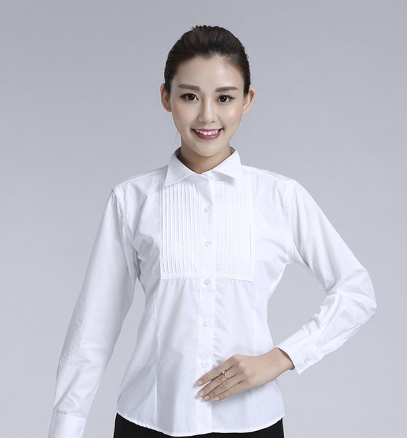 白色女款純棉翻領長袖禮服襯衫-619#