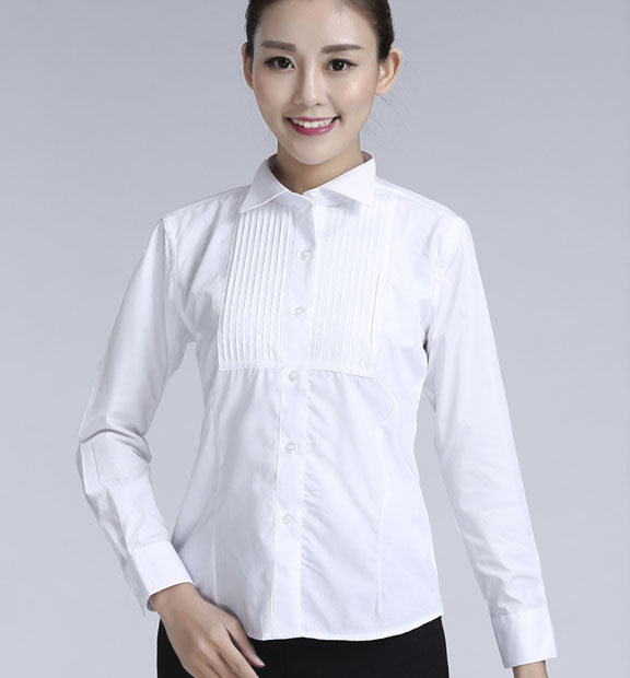 白色女款純棉翻領長袖禮服襯衫-619#
