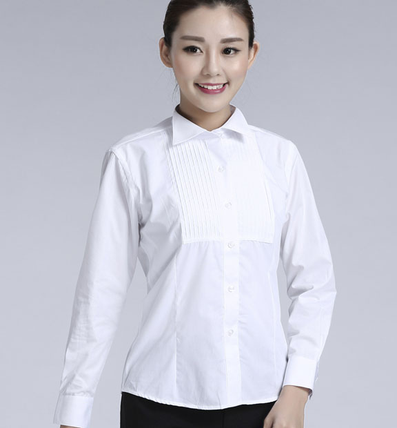 白色女款純棉翻領長袖禮服襯衫-619#