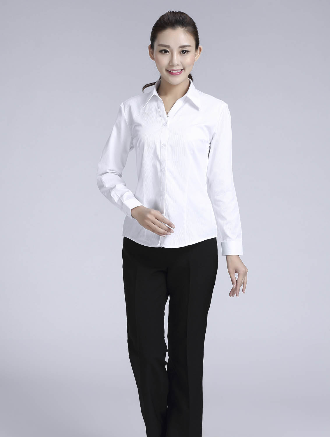 白色暗條紋女款滌棉翻領(lǐng)長袖修身襯衫-612#