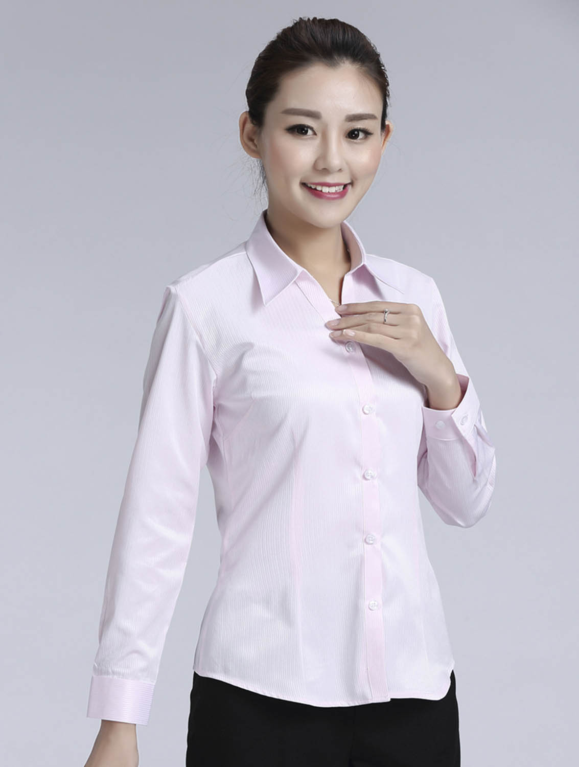 粉色暗條紋女款滌棉翻領(lǐng)長袖修身襯衫-613#