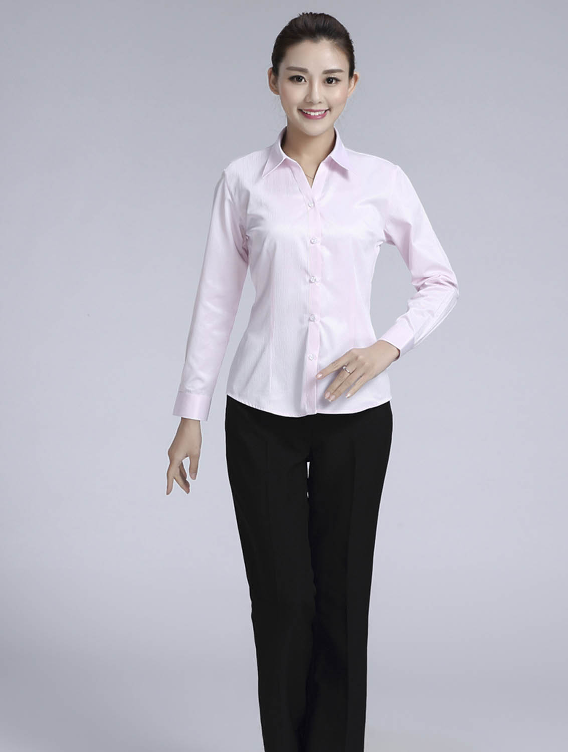 粉色暗條紋女款滌棉翻領(lǐng)長袖修身襯衫-613#