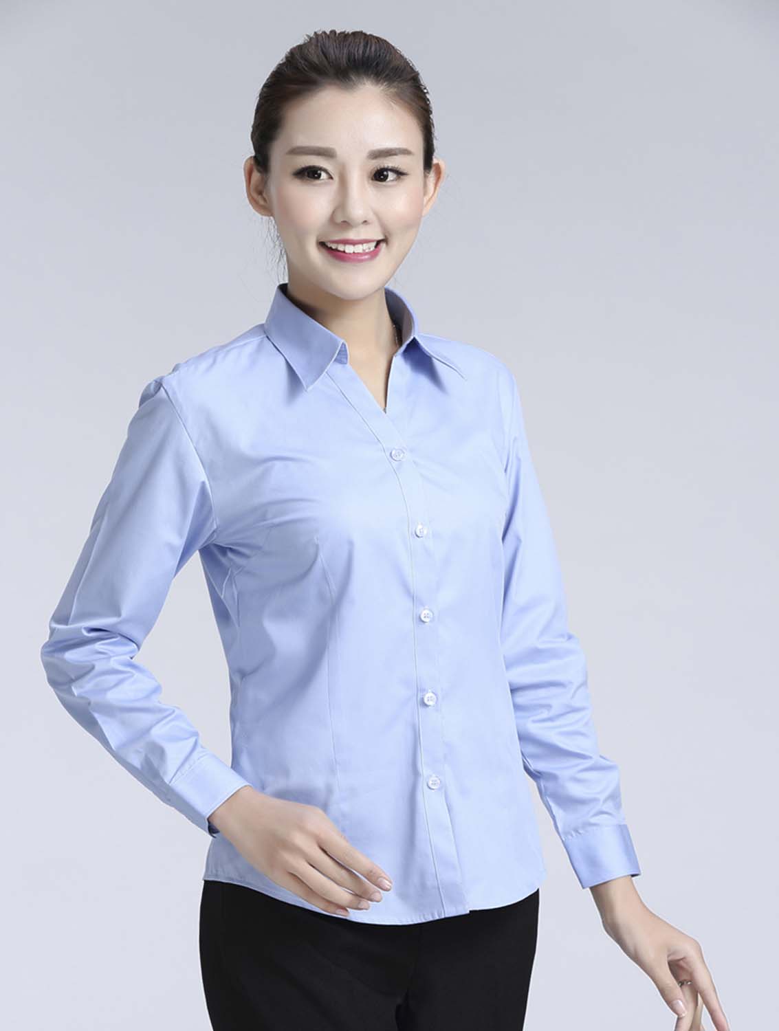 藍(lán)色女款滌棉翻領(lǐng)長袖修身襯衫-616#