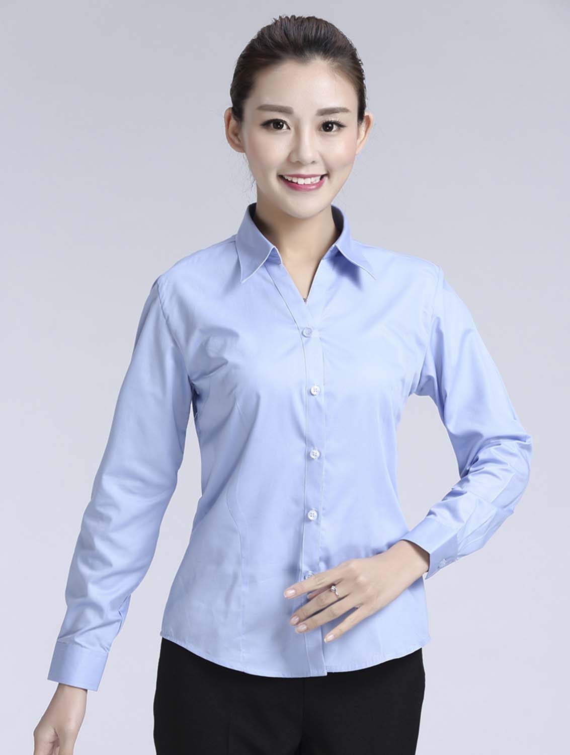 藍(lán)色女款滌棉翻領(lǐng)長袖修身襯衫-616#
