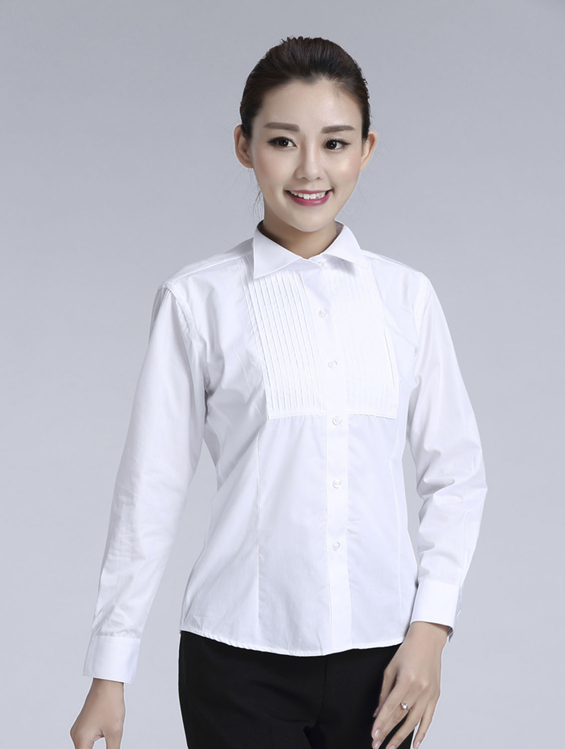 白色女款純棉翻領長袖禮服襯衫-619#