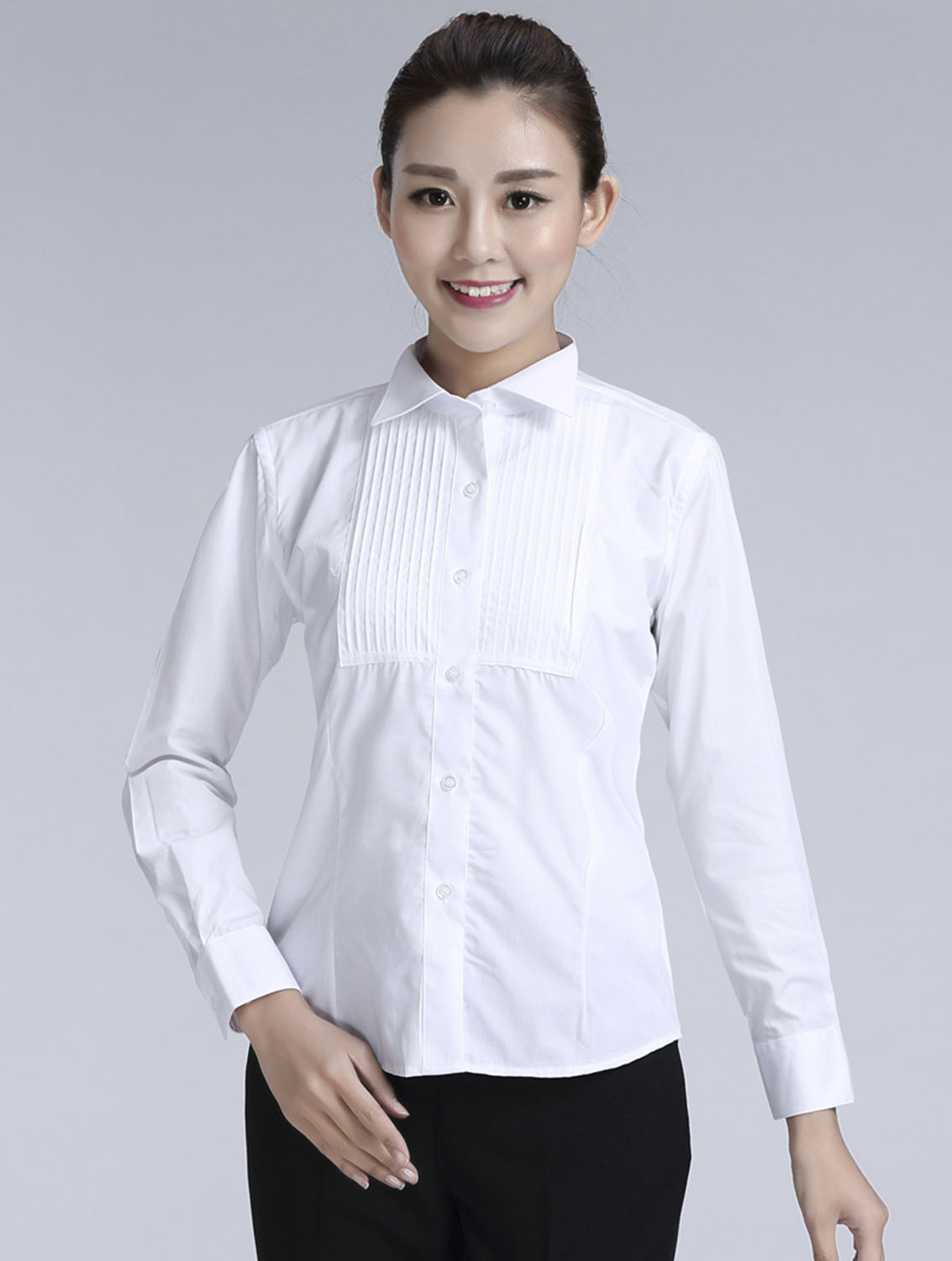 白色女款純棉翻領長袖禮服襯衫-619#