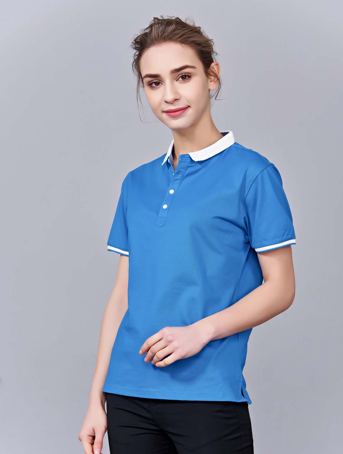 夏季湖藍(lán)色男女同款滌棉短袖翻領(lǐng)時(shí)尚休閑T恤衫/馬球衫-85651#